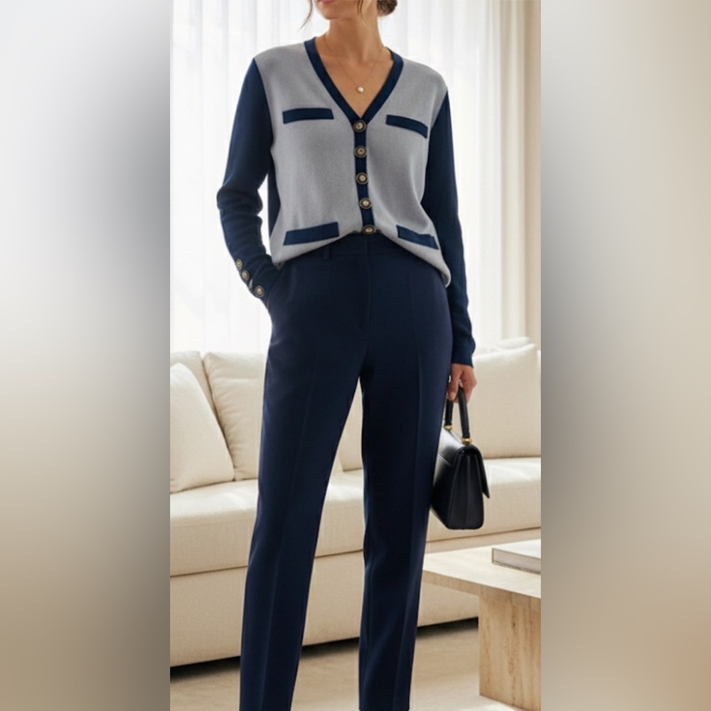 St. John Two-Tone Navy and Light Gray V-Neck Cardigan